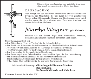 Traueranzeige von Martha Wagner von Südthüringer Presse