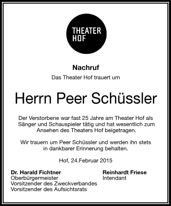 Traueranzeige von Peer Schüssler von Frankenpost