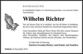 Traueranzeige von Wilhelm Richter von Südthüringer Presse