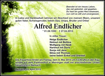 Traueranzeige von Alfred Endlicher von Südthüringer Presse