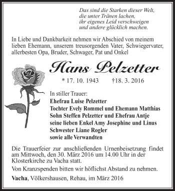 Traueranzeige von Hans Pelzetter von Südthüringer Presse