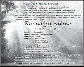 Traueranzeige von Roswitha Kühne von Südthüringer Presse