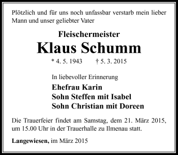 Traueranzeige von Klaus Schumm von Südthüringer Presse