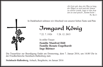Traueranzeige von Irmgard König von Südthüringer Presse