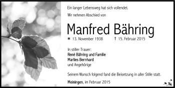 Traueranzeige von Manfred Bähring von Südthüringer Presse