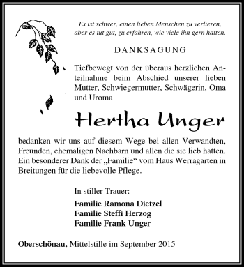 Traueranzeige von Hertha Erna Unger von Südthüringer Presse