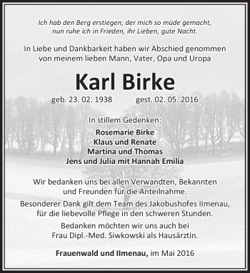 Traueranzeige von Karl Birke von Südthüringer Presse