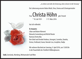 Traueranzeige von Christa Höhn von Südthüringer Presse
