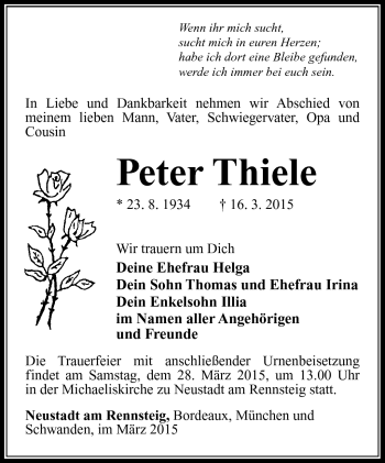 Traueranzeige von Peter Thiele von Südthüringer Presse