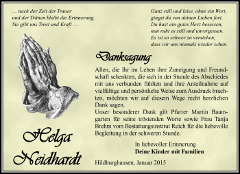 Traueranzeige von Helga Neidhardt von Südthüringer Presse