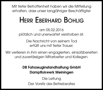 Traueranzeige von Eberhard Bohlig von Südthüringer Presse