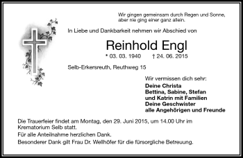 Traueranzeige von Reinhold Engl von Frankenpost
