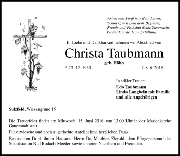 Traueranzeige von Christa Taubmann von Neue Presse Coburg