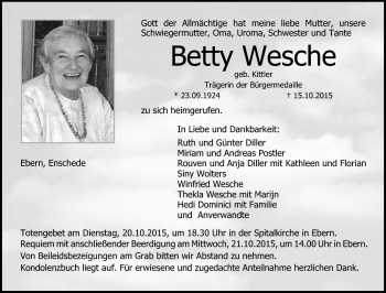 Traueranzeige von Betty Wesche von Neue Presse Coburg