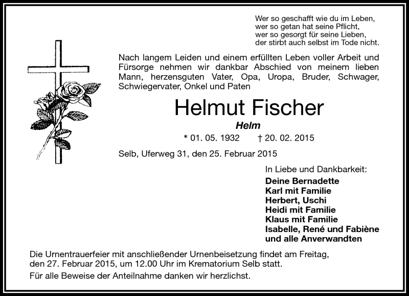  Traueranzeige für Helmut Fischer vom 25.02.2015 aus Frankenpost