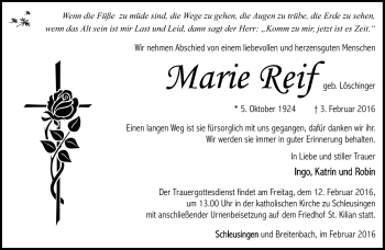 Traueranzeige von Marie Reif von Südthüringer Presse