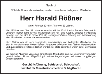 Traueranzeige von Harald Rößner von Südthüringer Presse