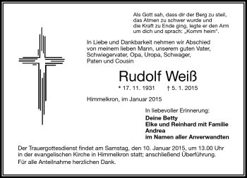 Traueranzeige von Rudolf Weiß von Frankenpost