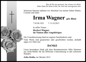 Traueranzeige von Irma Wagner von Südthüringer Presse