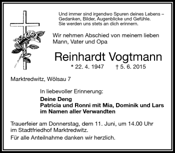 Traueranzeige von Reinhardt Vogtmann von Frankenpost