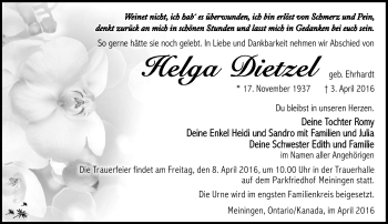 Traueranzeige von Helga Dietzel von Südthüringer Presse