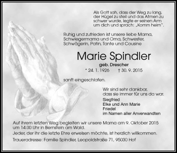 Traueranzeige von Marie Spindler von Frankenpost