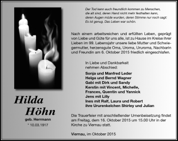 Traueranzeige von Hilda Höhn von Südthüringer Presse