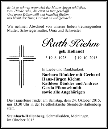 Traueranzeige von Ruth Kiehm von Südthüringer Presse