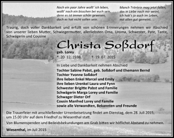 Traueranzeige von Christa Soßdorf von Südthüringer Presse