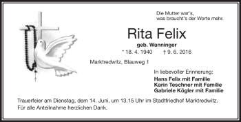 Traueranzeige von Rita Felix von Frankenpost