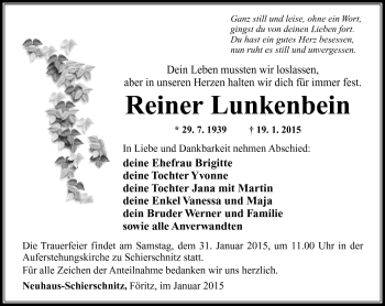 Traueranzeige von Reiner Lunkenbein von Südthüringer Presse