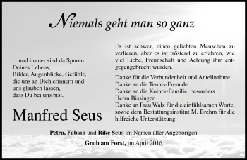 Traueranzeige von Manfred Seus von Neue Presse Coburg