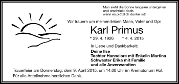 Traueranzeige von Karl Primus von Frankenpost