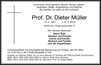 Traueranzeige von Dieter Müller von Frankenpost