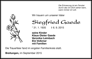 Traueranzeige von Siegfried Gaede von Südthüringer Presse