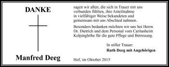 Traueranzeige von Manfred Deeg von Frankenpost