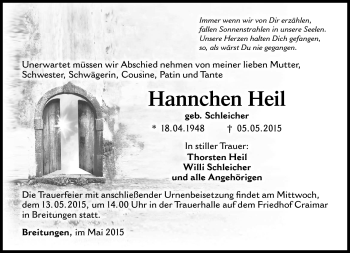 Traueranzeige von Hannchen Heil von Südthüringer Presse
