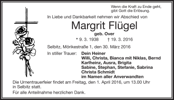 Traueranzeige von Margrit Flügel von Frankenpost