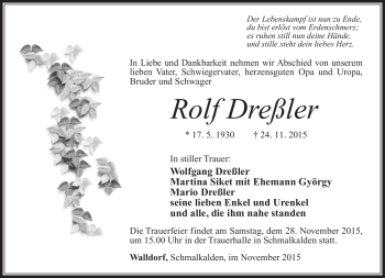 Traueranzeige von Rolf Dreßler von Südthüringer Presse