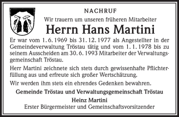 Traueranzeige von Hans Martini von Frankenpost
