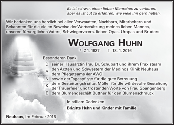 Traueranzeige von Wolfgang Huhn von Südthüringer Presse
