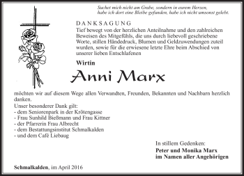 Traueranzeige von Anni Marx von Südthüringer Presse
