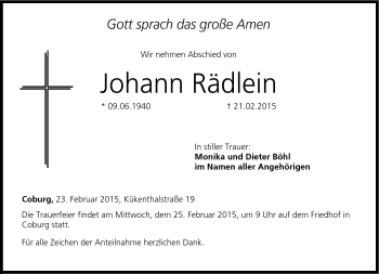 Traueranzeige von Johann Rädlein von Neue Presse Coburg