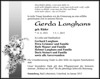 Traueranzeige von Gerda Langhans von Südthüringer Presse