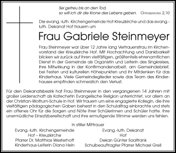 Traueranzeige von Gabriele Steinmeyer von Frankenpost