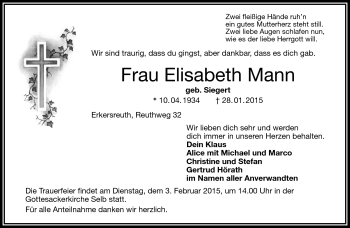 Traueranzeige von Elisabeth Mann von Frankenpost