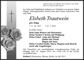 Traueranzeige von Elsbeth Trautwein von Südthüringer Presse