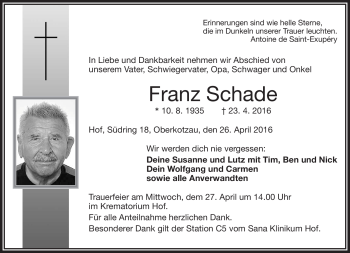 Traueranzeige von Franz Schade von Frankenpost