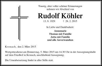 Traueranzeige von Rudolf Köhler von Neue Presse Coburg