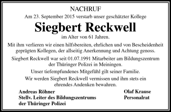 Traueranzeige von Siegbert Reckwell von Südthüringer Presse